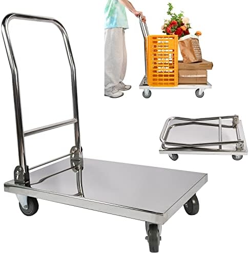 lesolar Push Cart Dolly 800lbs Folding Platform Truck Cart 32"x20" Heavy Duty Moving Platform Hand Truck Stainless Steel Foldable Moving Flatbed Dolly Cart with 360 Degree Swivel Wheels