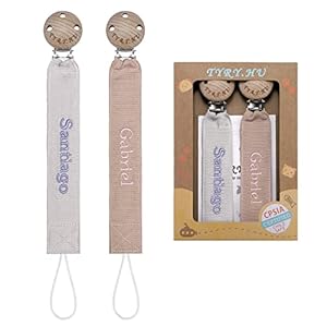 TYRY.HU Chupetero Personalizado para Bebé con Nombre Cadenas Chupetes 2 piezas DIY para Niño y Niñas Unisex Recién Nacido Universal Regalo para bebés Cinta suave Sin BPA(Gris+Kaki)