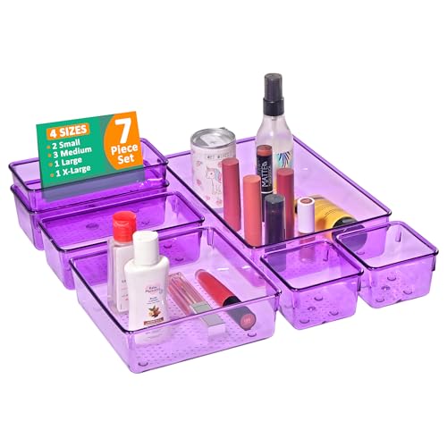 Image of Kuber Industries Acrylic Set of 7 Transparent Cosmetic Organizer Tray | Drawers Organisers for Kitchen, Office and Bathroom Vanity Makeup | Stationery Storage Drawer Divider Tray | Purple
