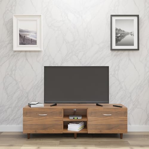 Image of VIKI Modern TV Unit for Living Room | Engineered Wood TV Cabinet with 2 Drawer Storage & Open Shelf, Entertainment Unit for Home, 160W x 48H x 40D cm | DIY | 1 Year Warranty (Walnut)