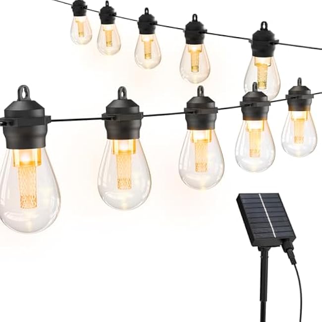 Solar LED String Lights Outdoor,37Ft 15 Bulbs Dual Charging (Solar+Type-C) with 8 Modes & Auto On/Off, IP65 Waterproof Fairy Lights for Patio, Garden, Party