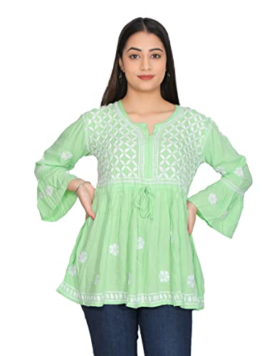 Image of FAWOMENT Women's Rayon Lucknowi Chikan Embroidered Short Frock Style Top - Designer Ethnic Wear with Bell Sleeves - Elegant & Comfortable Kurti for Daily, Festive & Casual Wear
