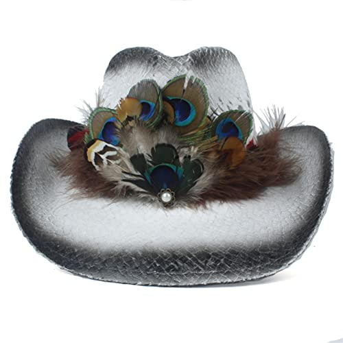Ebricon Black White Cowboy Hat For Men Handmade Straw Cowboy Hats With Peacock Feather Belt Western Summer Women Cowgirl Hat #TOP2