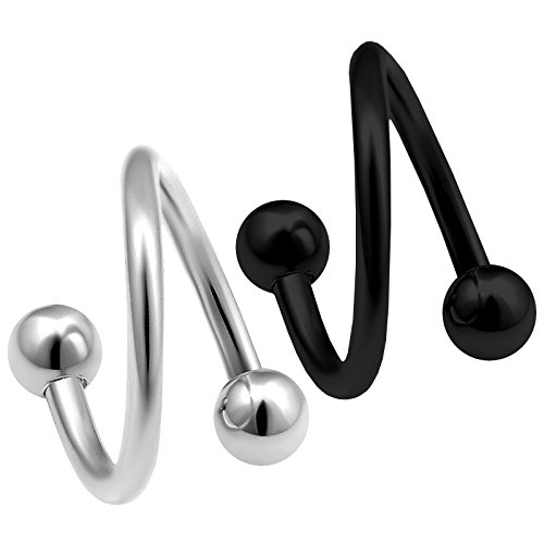 bodyjewelrytrend 2 Stück 1mm Piercing spirale schwarz eloxiert Helix unterlippe Twist lippe Tragus lippenpiercing Twister Edelstahl DCCR - 6mm