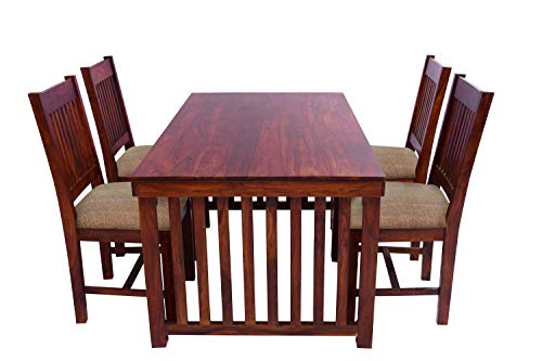 Image of 6 Seater Solid Wood Dining Table Set with 6 Cushioned Chairs | Teak Finish Dining Set for Home & Kitchen | Modern Wooden Dining Furniture