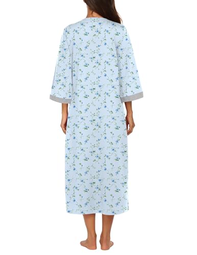 Image of Ekouaer Women Zipper Robe 3 /4 Sleeves Loungewear Dress Full Length Sleepwear Pockets Housecoat Nightgown Long Bathrobe
