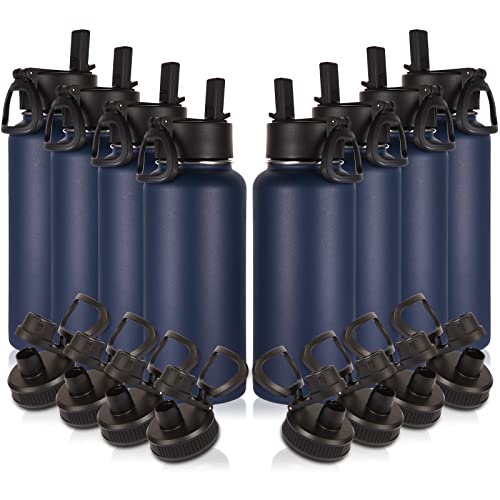 Image of Volhoply 32oz Insulated Water Bottles Bulk 8 Pack with Straw Lid & Spout Lid,Stainless Steel Sports Water Bottle,Double Wall Vacuum Cups,Leakproof Wide Mouth Metal Flask for Hiking,Camping(Navy,8)