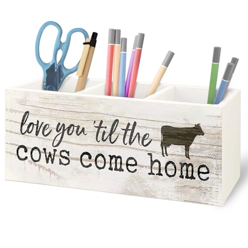Image of Funny Cow Wooden Pen Pencil Holder for Office Desk Accessories, Cow Lover Gifts, Love You 'Til the Cows Come Home Makeup Brush Toothbrush Holder Organizer for Bathroom