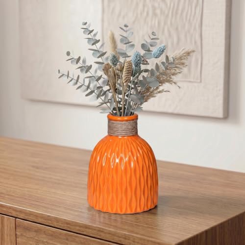 Wancetang Orange Ceramic Vase 6 Inch - Small Ceramic Flower Vase for Home Decor Round Textured Vases for Fall Decorative Shelf Bookshel Office Fireplace Mantle