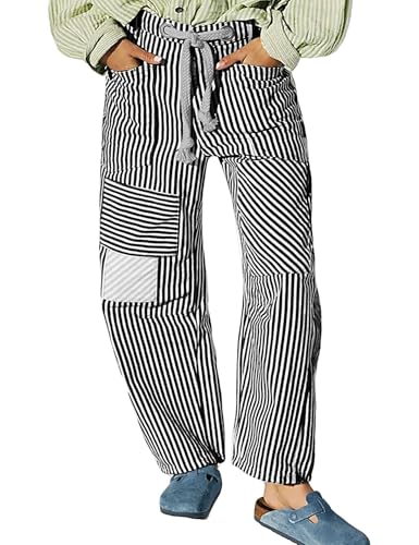 Baggy Barrel Jeans for Women Y2k Striped Drawstring High Waist Straight Wide Leg Boyfriend Jeans Mom Denim Pants