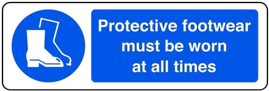 Protective Footwear Must Be Worn At All Times - safety sign - High tack self-adhesive sticker (150mm x 50mm) Viewing Distance within 3m.