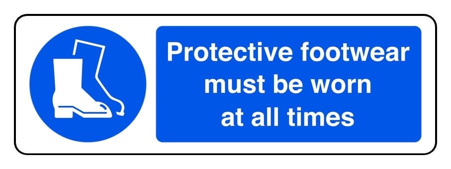 Protective Footwear Must Be Worn At All Times - safety sign - High tack self-adhesive sticker (150mm x 50mm) Viewing Distance within 3m.
