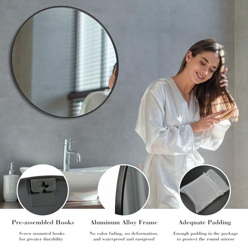 Image of Sweetcrispy 36in Black Round Bathroom Mirrors for Wall, Bathroom Mirrors for Over Sink, Wall Decor for Bathroom, Entryway, Bedroom, Vanity