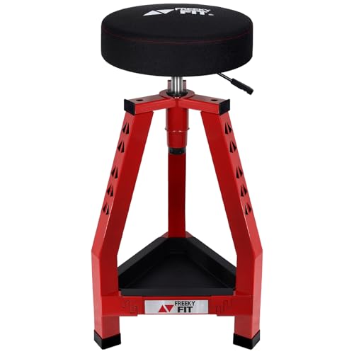 Image of Adjustable Tall Shop Stool, Mechanic Garage Bar Stool Chair, Work Metal Chair for Workshop,360 Swivel Padded Seat, Tool Tray Storage, 350 LBS Capacity, Heavy Duty, Red