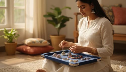 Image of Premium Nevi blue Velvet Jewellery Display & Beading Tray | 12 x 9 Inch Organizer Tray for Necklaces, Bracelets, Cosmetics & Craft Storage | Soft Velvet Finish, Durable & (Pack of 1) Nevi blue