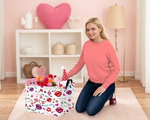 Image of Large Valentine's Day Basket Heart Shaped Storage Bin for Gifts Collapsible Organizer Room Decor (Mouth Black Love)