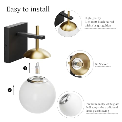 Image of Ralbay Black Gold Indoor Wall Sconces Set of 2,Mid Century Modern Bathroom Wall Lighting Fixtures Milky Glass Wall Lamp for Bedroom Living Room Vanity Hallway,Black and Gold(Exclude Bulb)
