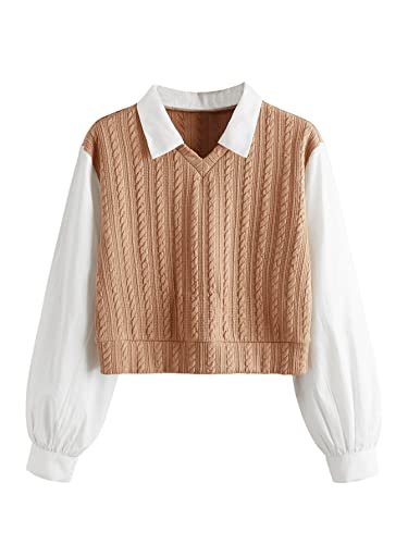 SweatyRocks Women's Collar Long Sleeve Shirt Ribbed Knit 2 in 1