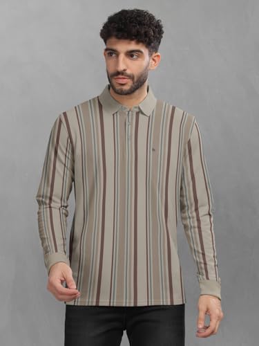 Image of BULLMER Striped Textured Printed Polo Neck Fullsleeve T-Shirt with Rib for Men