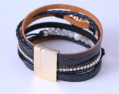 Bracelet en cuir rétro multicouche et authentiques pierres noires