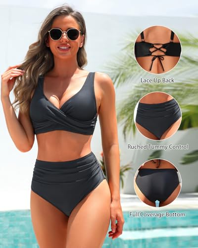 Yonique Women's Two Piece High Waisted Bikini Set Tummy Control Swimsuit Full Coverage Bathing Suit Black M