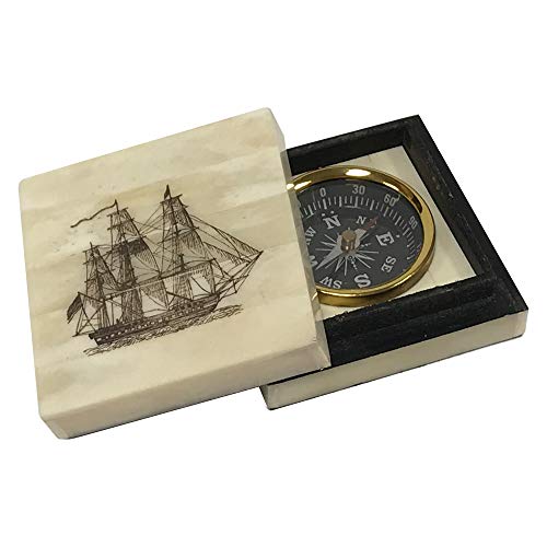 Brújula caja vintage en hueso ox con diseño navío 3x3x1.1 pulg miniatura 1