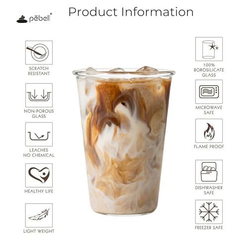 Image of PEBELLIFEWARE Aesthetic Glass Coffee Mugs (Set of 2) - Premium Borosilicate Clear Drinking Glasses for Iced Coffee, Matcha, Smoothies - Microwave & Dishwasher Safe (Conical Matcha 345ml)
