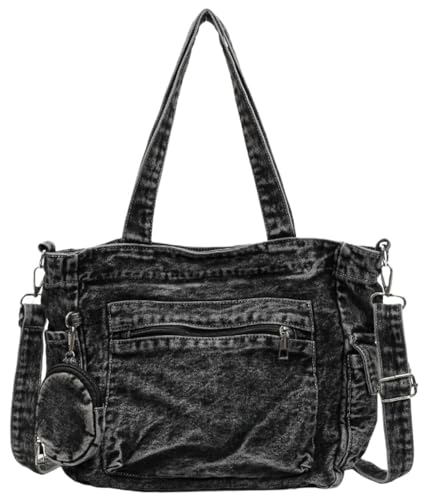 Pocadri Women Denim Canvas Tote Purse Shoulder Crossbody Bag Large Multi-pocket Top Handle Work Handbags