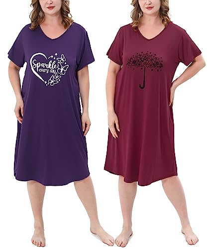 2 Pack Plus Size Nightgown for Women Casual V Neck Nightshirts Print Short Sleeve Sleepwear
