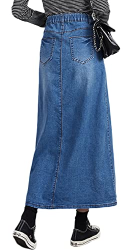 CHARTOU Women's Casual Elastic Waist Zip Up Denim Maxi A Line Skirt with Pockets2