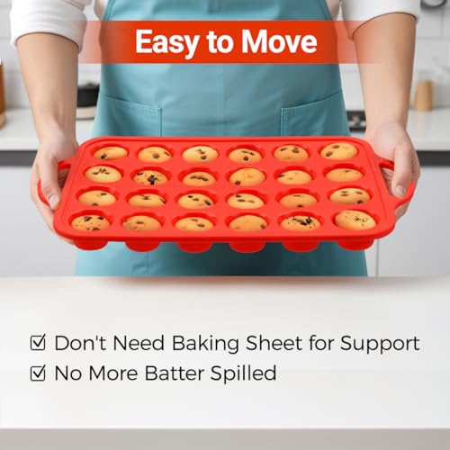 Image of CAKETIME Silicone Mini Muffin Pan, Metal Reinforced Frame 24 Cups Mini Muffin Tin with Handles BPA Free Muffin Silicone Molds for Baking Muffins, Cupcakes, Egg Bites 2 Pack, Red