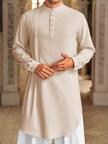 Runcati Mens Kaftan Thobe Cotton Linen Henley Shirt Long Sleeve Robe Casual Muslim Gown Kurta2