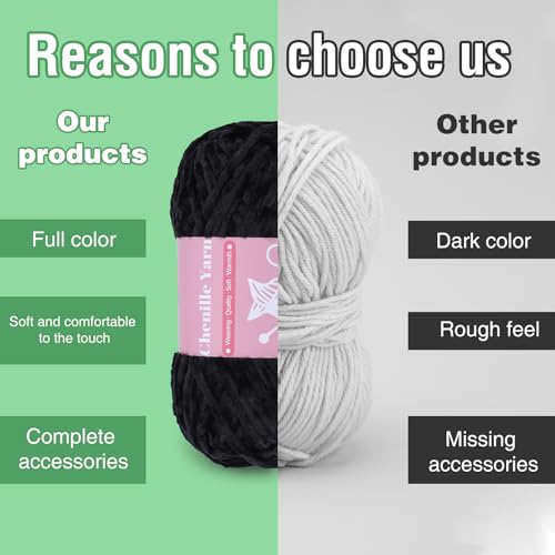 Image of LUNARM Chenille Yarn for Crochet Knitting Chunky Blanket Velvet Yarn | 3 Pack 3.5oz /100g 486 Yard Black Chenille Yarn for Beginners Knitting Scarves with Big Eye Needles Machine Washable