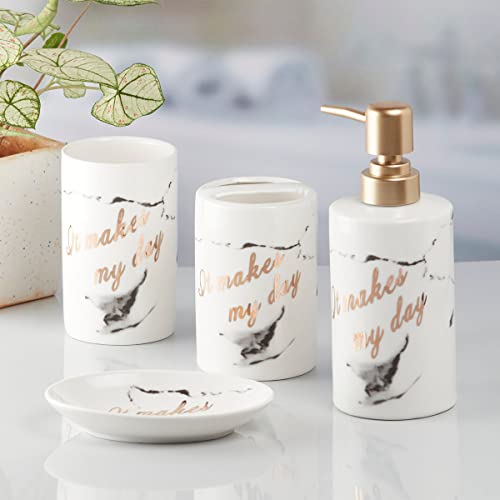 Image of SaSaSa Ceramic Bathroom Accessories Set of 4 Modern Bath Set with Soap Dispenser & Toothbrush Holder, Luxury Home & Gift Idea, White /Gold (7694)