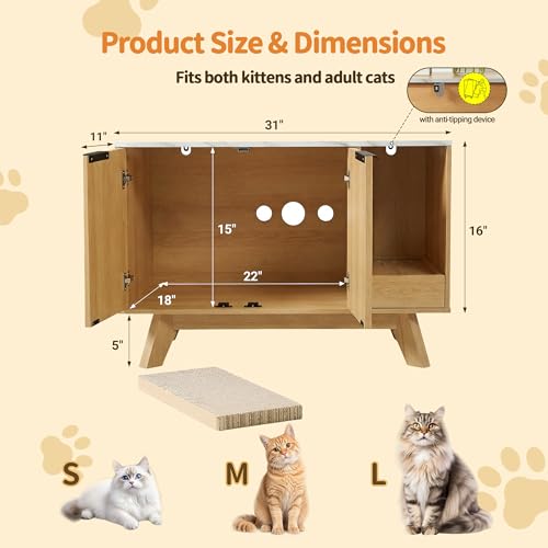 Image of Cat Litter Box Enclosure with Litter Collector,Fluted Hidden Litter Box Furniture with Scratch Pad,31 inch Wooden Cat Cabinet,Cat House,TV Stand,Side Table for Living Room,Natural with Marble Tabletop