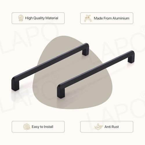 Image of LAPO 10 Inch Cabinet Handles for Wardrobe, Stainless Steel Pulls for Drawer & Storage Panels, Neat Holding Design, Wear Safe Surface, Hole to Hole Size 22 cm, Reliable Setup (224mm, Black, Pack of 6)