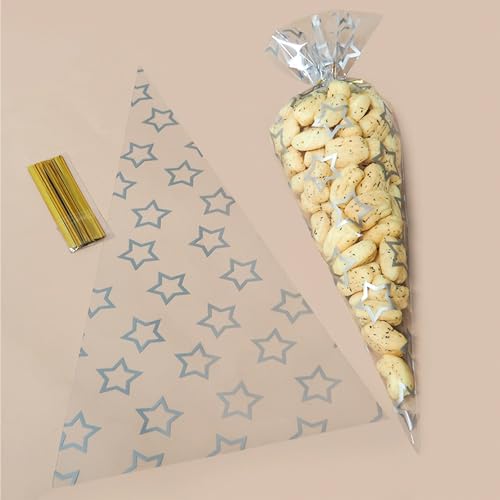 Image of 17×30cm Sweet Cone Bags and Ties,100 Pcs Hot Chocolate Cones Bag, Triangle Transparent Sweetie Bags for Kids Party, for School Treats, Halloween, Christmas (Silver Stars 17 * 30)