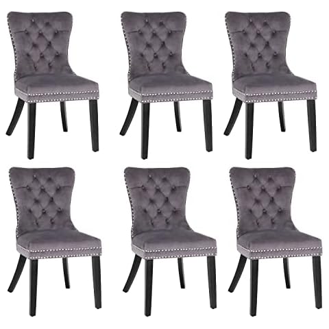 YOURLITE Dining Room Chairs, Set of 6, Velvet Dining Room Chairs with Oak Leg, Upholstered Chair, Living Room Chair with Backrest, Bedroom Chair, Kitchen Chair, Lounge Leisure Chair (Grey, Set of 6) Cover