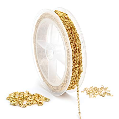 JIAYIQI 33 Feet 18K Gold Color Chain for Jewelry Making 1.37mm Dainty Solid Brass DouDou Cable Chains Link with 20 Lobster Clasps and 50 Jump Rings