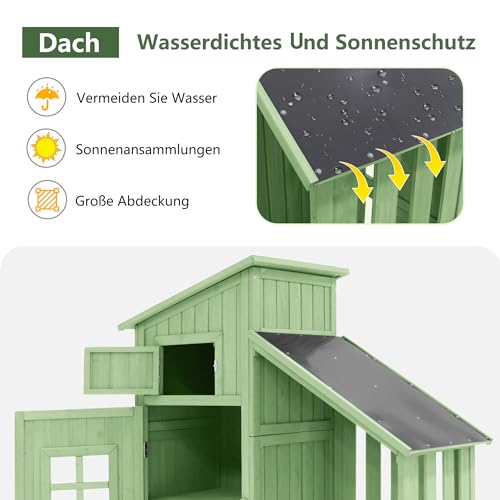 Gegtuon Gerätehaus mit Satteldach, Geräteschuppen Gartenhaus Gartenschrank aus Holz mit Fenster Türen & Stauraum Ablagen, Wetterfest Outdoor Schuppen für Garten Terrasse, 124x53cm (LxB), Grün A