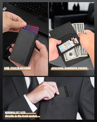 Image of Mens Wallet Card Holder - Pop Up Aluminum Case, Premium Flexible Microfiber Leather, Smart Wallet for Men, RFID Blocking, Slim, Minimalist, Front Pocket - 9-14 Card Capacity | ID Window | Cash Slot