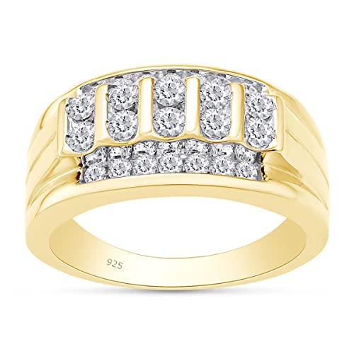 SAVEARTH DIAMONDS Round Cut Lab Created Moissanite Diamond Cluster Men's Wedding Band Ring in 14K Gold Plated 925 Sterling Silver Jewelry (G-H Color, 1.00 Cttw)
