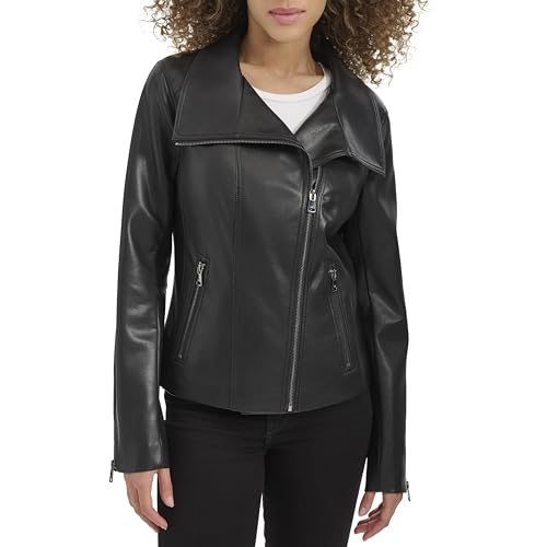 Kenneth Cole Womens Faux Leather Zip Jacket With Envelope Collar2