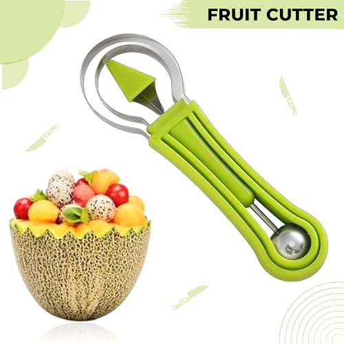 Image of Kraptick Melon Baller Scoop Set, Watermelon Cutter and Slicer, Fruit Carving Tools Set, Fruits Slicer Set, Watermelon Knife Slicer, Fruit Cutting Tools-3 Pc Sets Stainless Steel (Green)