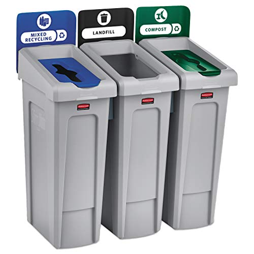 Rubbermaid Commercial Products SLIM JIM Recycling Station 3-Stream Landfill/Mixed Recycling/Compost Bin/Can/Kit/Station, 23 Gal, for Kitchen/Classroom/Office/Education/Commercial Facilities