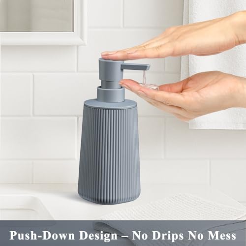 Image of Gray Hand Soap Dispenser with No Rust Pump for Bathroom and Kitchen Countertops Refillable Striped Matte Plastic 8.5 oz