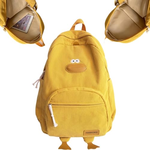 Mochila de veludo cotelê, capacidade espaçosa, kawaii, com vários bolsos, linda bolsa de pato, com zíper e alças ajustáveis duplas para escola de viagem, mochilas engraçadas, amarela