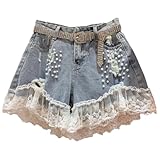 Women’S Denim Shorts High Waist Loose Fit Wide Leg with Lace and Embroidered Flares Denim Shorts Light Blue M