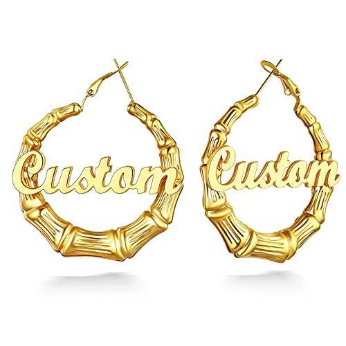 Custom4U Bamboo Hoop Earrings for Women Gold/Silver/Black Large Name Earrings Personalized - Hypoallergenic Lightweight Big Thick Hoops 30/40/50/60/70/80mm - Custom Made Birthday Christmas Gifts