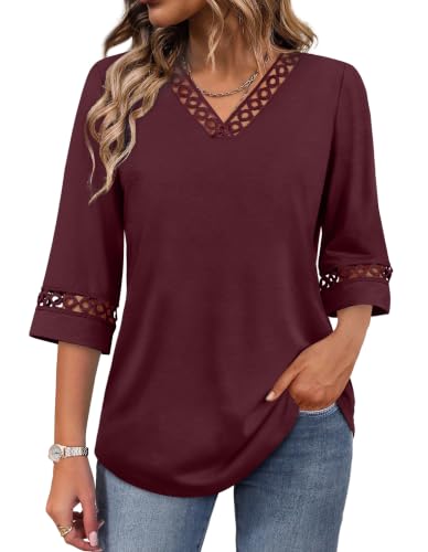 Image of WIHOLL Womens Tops Eyelet Lace V Neck 3 /4 Bell Sleeve Blouses Dressy Casual Work Shirt 2026 Summer Fall Fashion Clothing
